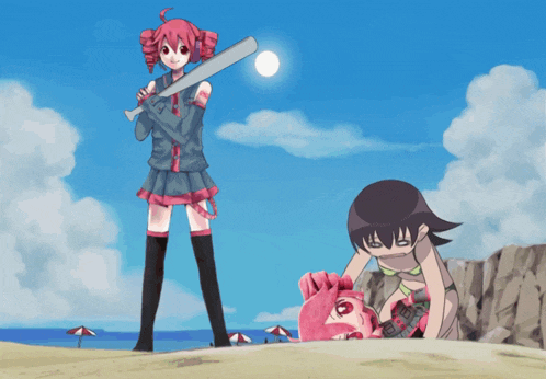 a girl holding a bat stands next to another girl