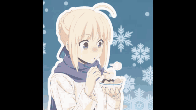 a girl with blonde hair is eating something from a bowl