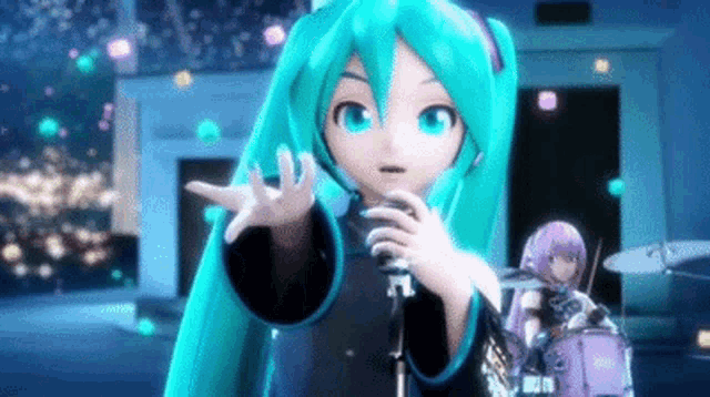 hatsune miku is holding a microphone and a drum set in her hands .