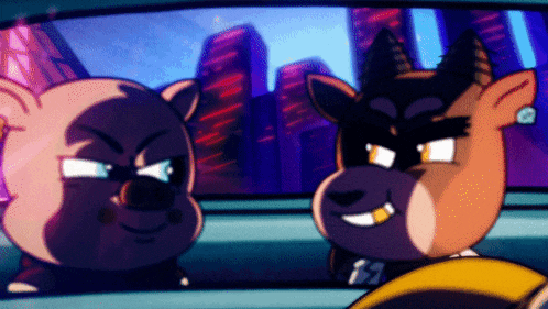 two cartoon characters are looking out of a car window