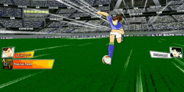 a soccer player is kicking a ball in a video game with a pop-up feed