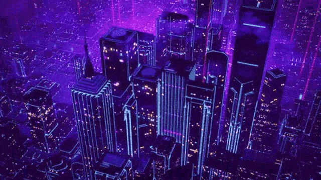 an aerial view of a futuristic city with purple and blue lights