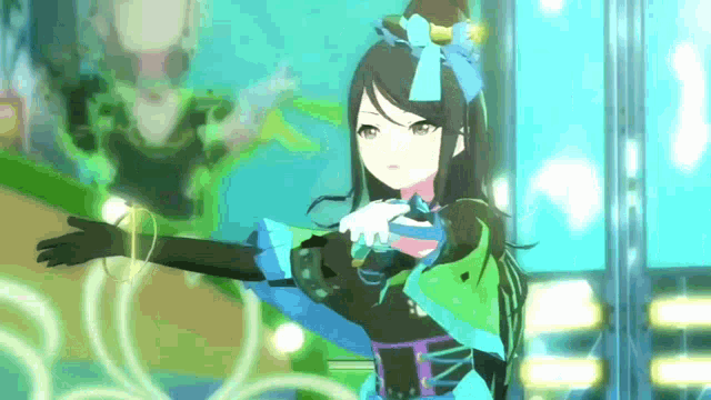 a girl in a blue dress is holding a microphone and dancing .