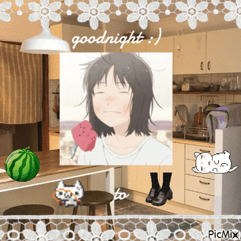 a picture of a girl eating a watermelon with the words goodnight written above her