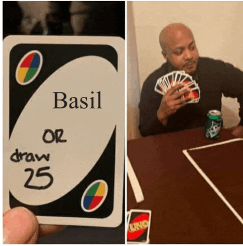 a person is holding a card that says basil on it