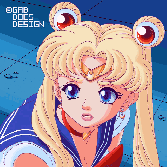 a pixel art drawing of a girl with the name gab does design on the bottom right