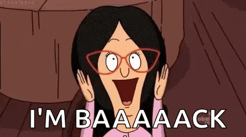 a cartoon of a woman wearing glasses and saying `` i 'm baaaack ''