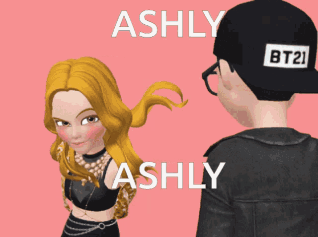 ashly and ashly are standing next to each other in a pink background
