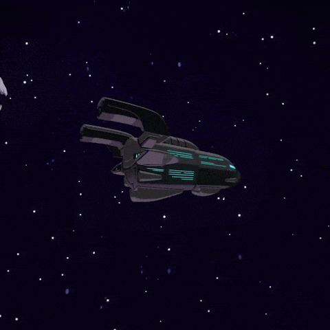 a space ship is flying through a dark space with stars