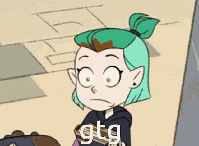 a cartoon girl with green hair is holding a book and the word gtg is above her