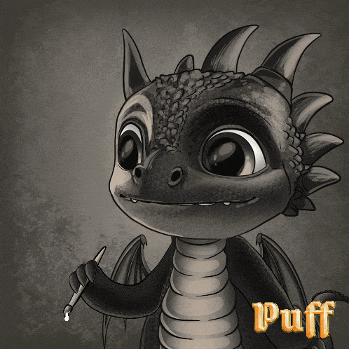 a black and white drawing of a dragon holding a brush with the name puff on it