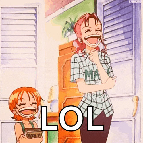a woman is laughing while holding a book and the word lol is on the bottom of the picture .