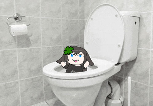 a cartoon girl with a clover in her hair is sitting on a toilet .