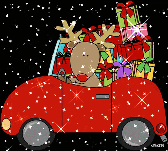 a cartoon of a reindeer driving a red car full of presents