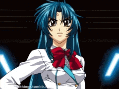 a girl with blue hair and a red bow tie stands in front of a blue light