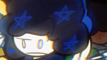 a close up of a cartoon character with blue stars on his hair