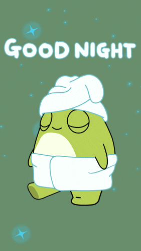 a frog wearing a towel and a hat with the words good night written above it