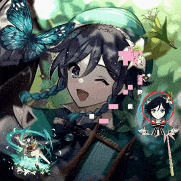 a picture of a girl with a butterfly and a flower in the background