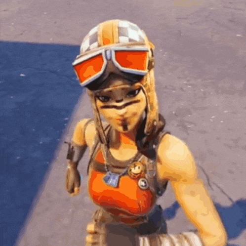 a cartoon character wearing a helmet and goggles is standing on a street .