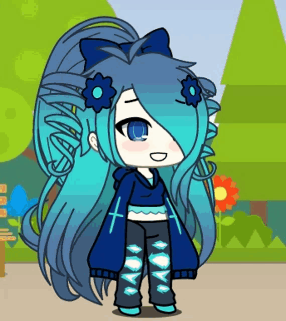 a girl with blue hair is wearing a blue hoodie and black pants