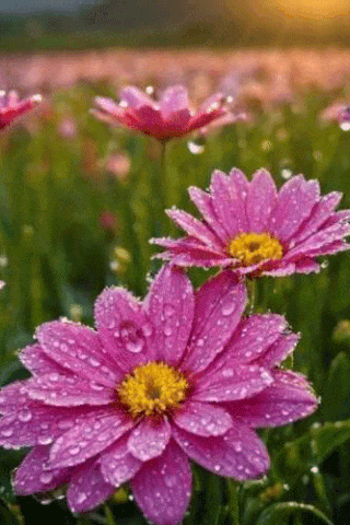 a field of pink flowers with water drops on them .