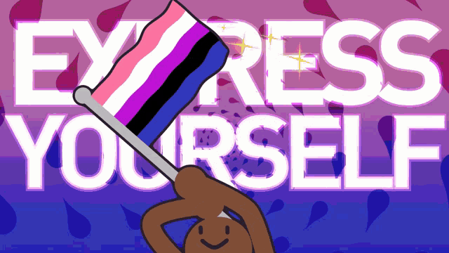 a cartoon of a person holding a flag with the words express yourself in the background