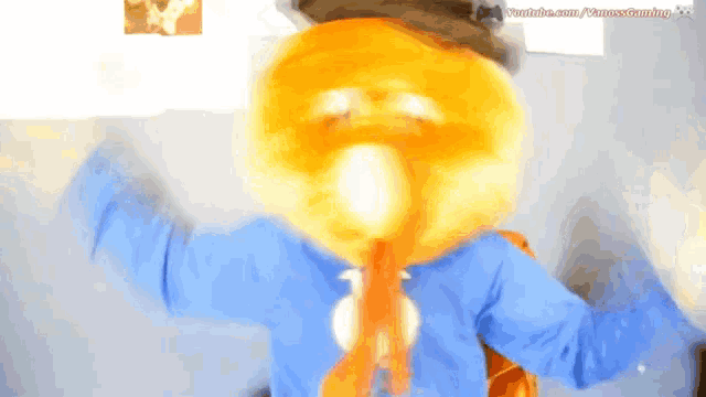 a person in a blue shirt with an orange stuffed animal head on