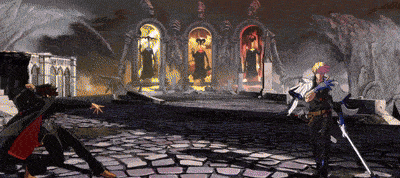 a man with a sword stands in front of a building