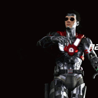 a man in a futuristic suit is holding another man 's leg and the word ne is visible on the bottom