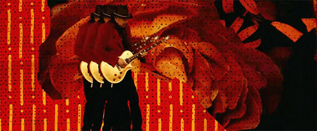 a man is playing a guitar in front of a red rose
