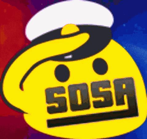 a yellow smiley face with a white hat and the word sosa below it