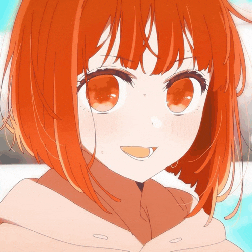 a close up of a girl with red hair and red eyes
