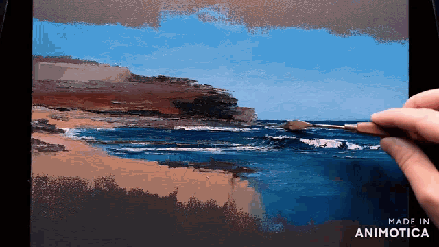 a painting of a beach is being made in animonica