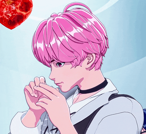 a drawing of a girl with pink hair and a red heart in the background