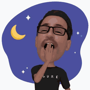 a cartoon of a man wearing a black shirt that says cure yawning