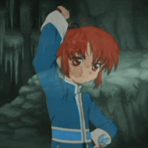 a cartoon character with red hair and a blue jacket is giving a thumbs up