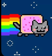 a pixel art of a cat flying through the air with a rainbow behind it