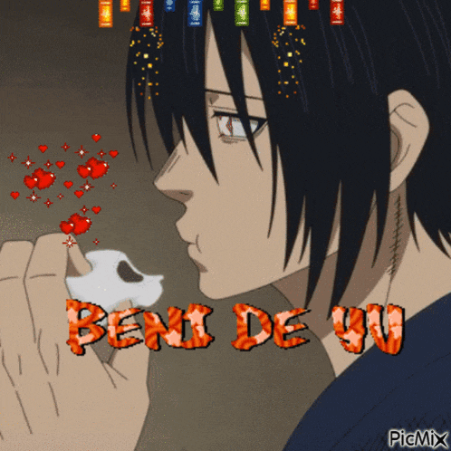 a picture of a man blowing a kiss with the words beni de yu written on it