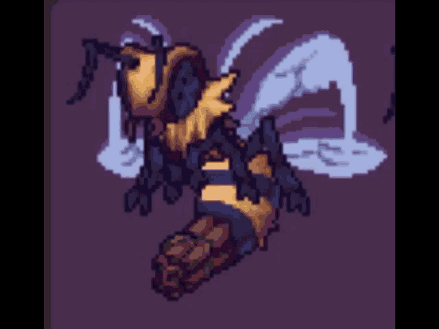 a pixel art of a bee on a purple background .