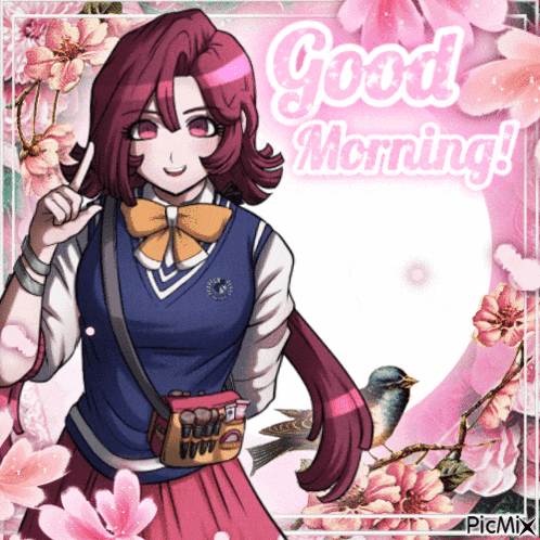 a picture of a girl with the words " good morning " on it