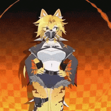a furry anime character is standing with her hands on her hips in front of a checkered background .
