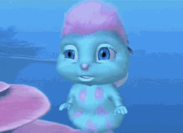 a blue cartoon character with pink hair is standing next to a pink flower in the ocean .