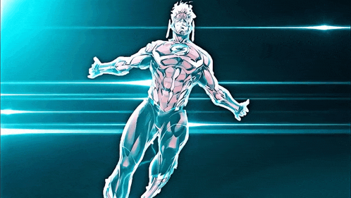 a drawing of superman flying through the air with a blue background