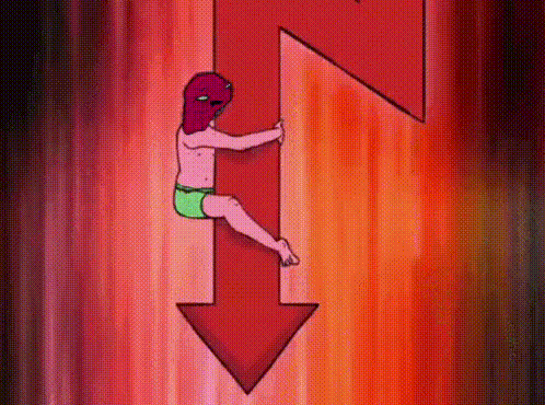 a cartoon of a person holding a red arrow pointing down .