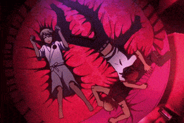a couple of anime characters laying on top of a bed