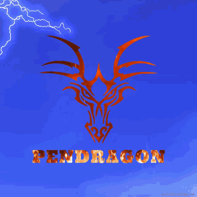 a blue background with a red dragon and the word pendragon on it