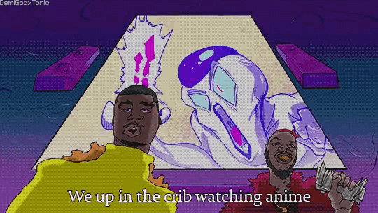a cartoon of two men with the words we up in the crib watching anime below them