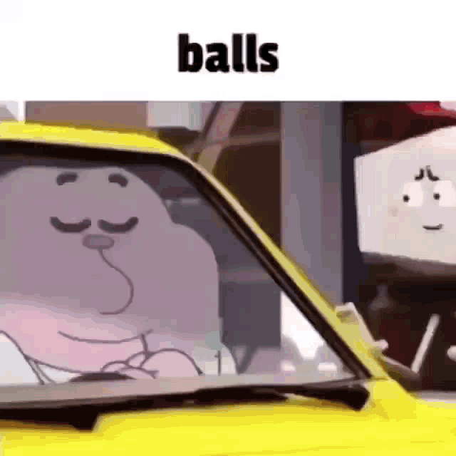 gumball from the amazing world of gumball is driving a yellow car with balls written on it .