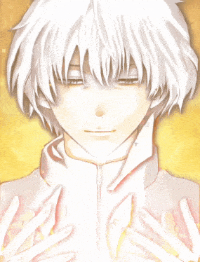 a drawing of a boy with white hair holding a piece of paper that says ' nn ' on it