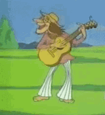 a cartoon man is playing a guitar in a field